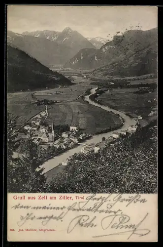 AK Zell am Ziller, Ortsansicht mit Bergpanorama