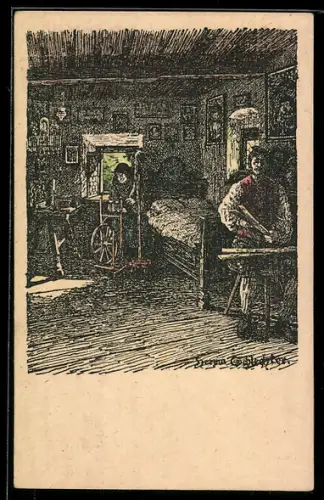 Künstler-AK Hallstatt /Oberösterreich, Museum, Frau am Spinnrad