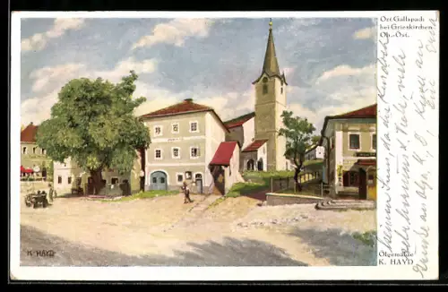 Künstler-AK Gallspach, Ortspartie mit Kirche