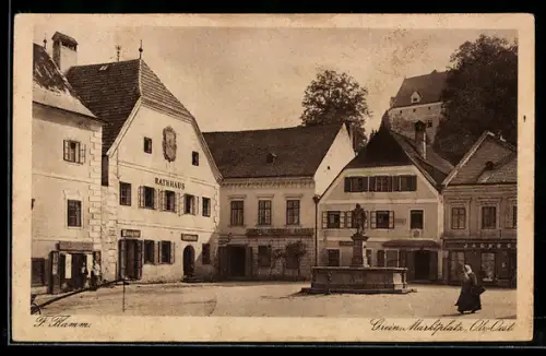 AK Grein, Marktplatz mit Rathaus & Hotel Goldenes Kreuz