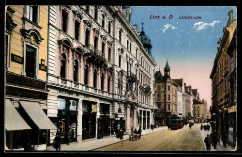 AK Linz a. D., Landstrasse mit Strassenbahn
