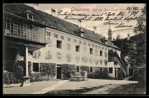 AK Gmunden, Hof im Seeschloss Ort., Wappen