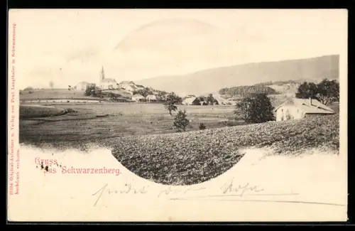AK Schwarzenberg am Böhmerwald, Ortspanorama mit Kirche und Feldern