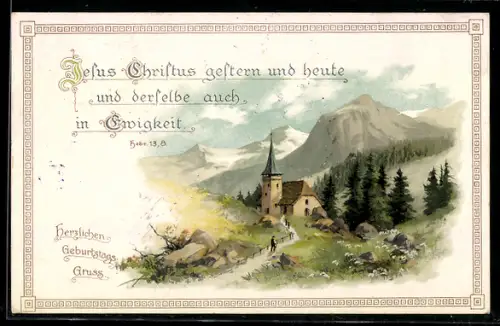 AK Kirche in den Bergen mit Sinnspruch