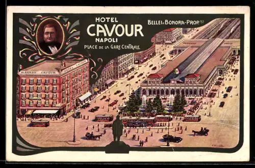AK Napoli, Bahnhof, Hotel Cavour, Place de la Gare Centrale, Strassenbahnen