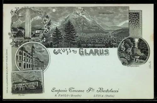 Mondschein-Lithographie Glarus, Hohlenstein, Spital, Gesamtansicht
