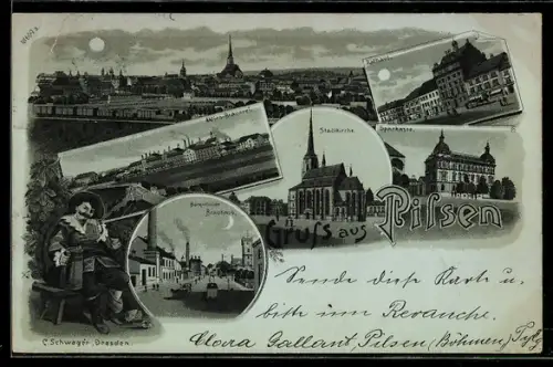 Mondschein-Lithographie Pilsen, Bürgerliches Brauhaus, Sparkasse, Zecher, Ortsansicht