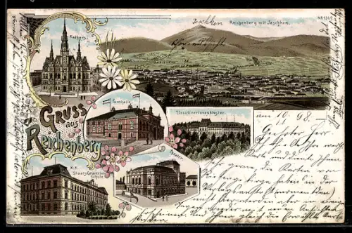 Lithographie Reichenberg / Liberec, Ursulinerinnenkloster, K. k. Staats-Gewerbe-Schule