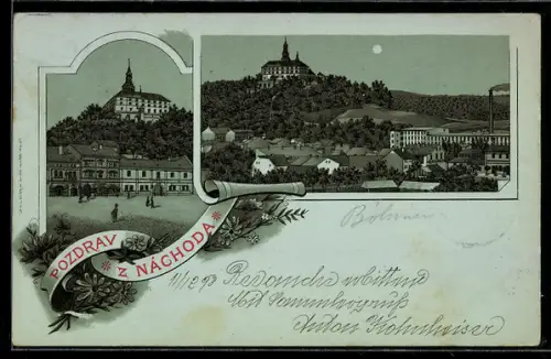 Mondschein-Lithographie Nachod, Teilansicht u. Ortspartie mit Schloss