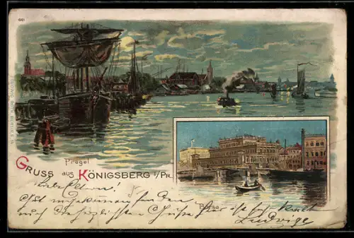 Lithographie Königsberg, Pregel mit Schiff, Börse