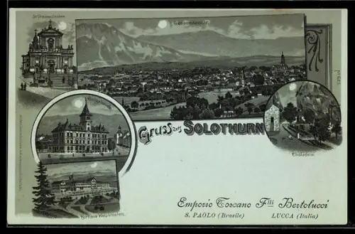 Mondschein-Lithographie Solothurn, Kurhaus Weissenstein, Einsiedelei, Gesamtansicht