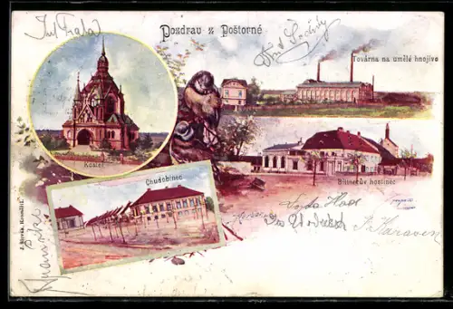 Lithographie Unter-Themenau, Gasthaus Bittner, Kunstdüngerfabrik, Armenhaus
