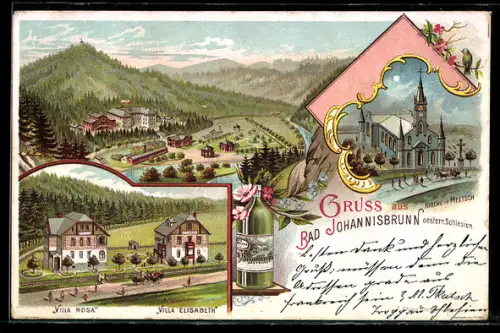 Lithographie Bad Johannisbrunn /Kreis Troppau, Villen Rosa u. Elisabeth, Ortsansicht, Kirche in Meltsch