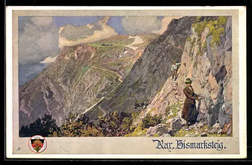 AK Deutscher Schulverein NR. 520: Gust. Jahn: Rax, Bismarcksteig, Bergwanderer am Steilhang