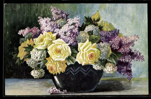 Ölgemälde-Imitations-AK Degi Nr. 1228: Flieder und Rosen von H. Schneider