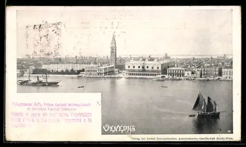 AK Venedig, Fernsicht auf den Markusplatz, Dampfer, Segelboot