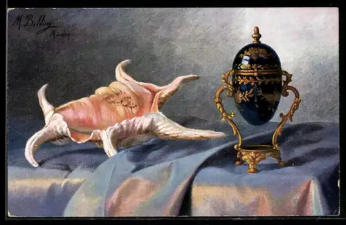 Künstler-AK M. Billing: Stilleben mit Muschel und Fabergé-Ei
