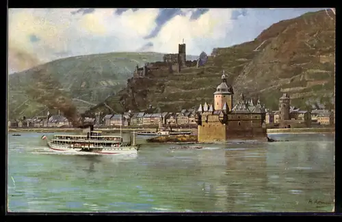 Künstler-AK H. Hoffmann: Caub, Gutenfels und die Pfalz, Seitenraddampfer