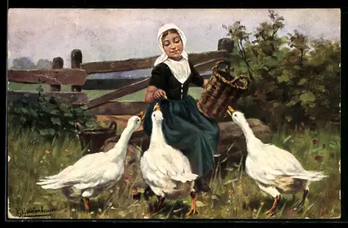 Künstler-AK Johan Georg Gerstenhauer: Mädchen füttert Gänse