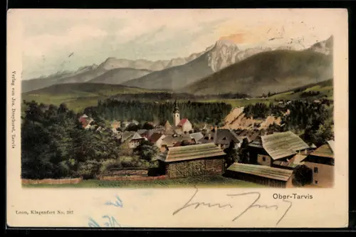 AK Ober-Tarvis, Ortsansicht gegen das Gebirge