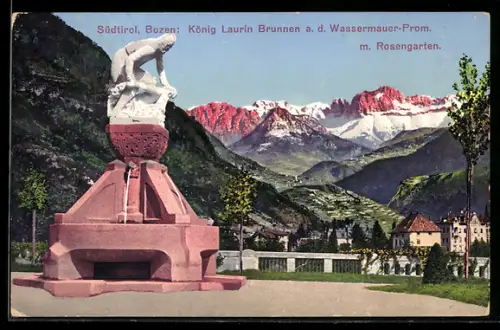 AK Bolzano, Fontana Laurin, König Laurin-Brunnen mit Rosengarten