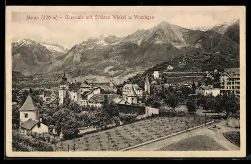 AK Meran-Obermais, Panorama mit Schloss Winkel und Vinschgau