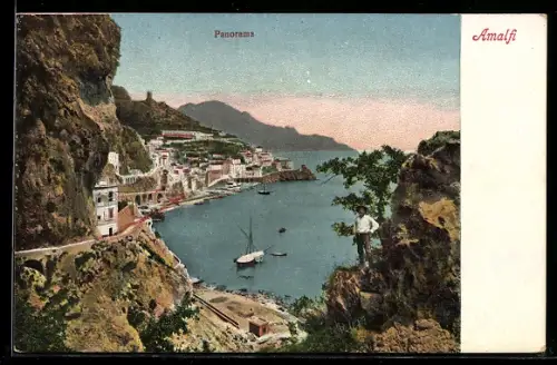 AK Amalfi, Panoramaansicht vom Fels herunter