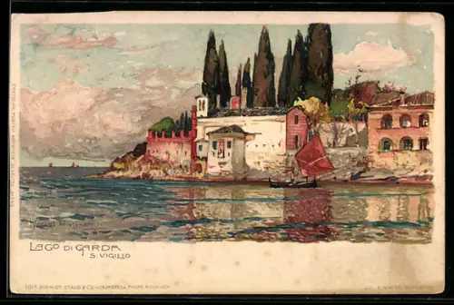 Künstler-AK S. Vigilio /Lago di Garda, Pittorica vista del lago e edifici storici con barca a vela