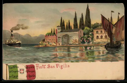 Lithographie Punta San Vigilio, Dampfer passiert den Ort