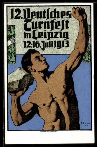 Künstler-AK Leipzig, Steinwurf zum 12. Deutschen Turnfest vom 12.- 16 Juni 1913
