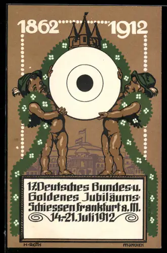 AK Frankfurt a. M., 17. Deutsches Bundesschiessen 1912, Jungen halten Zielscheibe in die Höhe