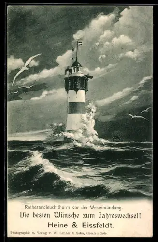 AK Rothesand-Leuchtturm vor der Wesermündung, peitschendes Wasser, Möwen, Schiff, um 1900