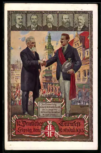 AK Leipzig, Sportveranstalter und Sportler geben sich zur Begrüssung des 12. Deutschen Turnfestes 1913 die Hand