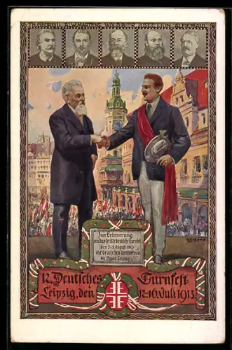 AK Leipzig, Sportveranstalter und Sportler geben sich zur Begrüssung des 12. Deutschen Turnfestes 1913 die Hand