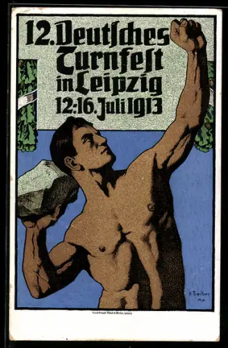 Künstler-AK Leipzig, Steinwurf zum 12. Deutschen Turnfest vom 12.- 16 Juni 1913