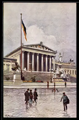 Künstler-AK Wien, Parlament mit Brunnen