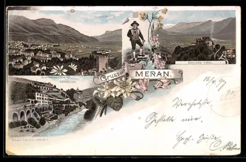 Lithographie Meran, Zenoburg, Schloss Tirol, Gilfpromenade