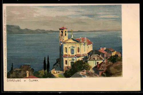 Künstler-Lithographie Zeno Diemer: Gardone di Sopra, Ansicht der Kirche