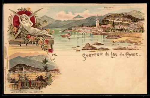 Lithographie Bellagio, Panorama mit Lago di Como, Vue depuis la Villa Carlotta