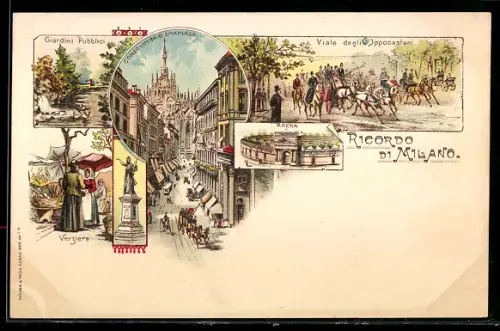 Lithographie Milano, Corso Vittorio Emanuele, Giardini Pubblici, Arena, Pferdebahn