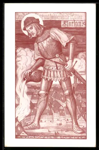 Künstler-AK Matthäus Schiestl: St. Florian in Rüstung mit Krug und Schwert