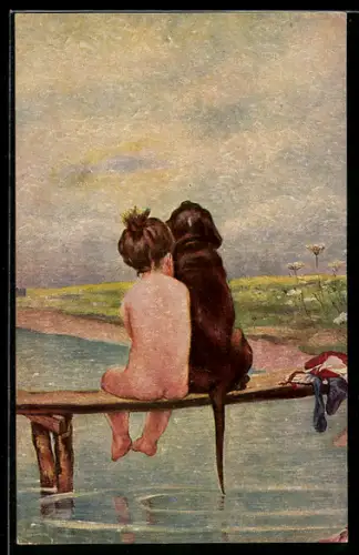 Künstler-AK Degi Nr. 931: Kind und Hund sitzen zusammen am Wasser, Freunde, Ölgemälde-Imitations-AK