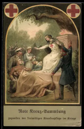 AK Rote-Kreuz-Sammlung 1914, Veteran und Verwundeter, Krankenschwester, Rotes Kreuz