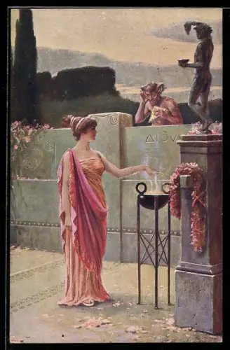 AK Pan beobachtet Frau in Tempel des Dionysos, Faun, Satyr