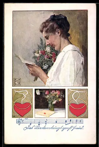 AK Deutscher Schulverein NR 1233: junge Dame liest einen Liebesbrief, Herzen