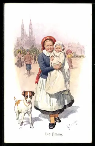 Künstler-AK Karl Feiertag: Die Amme, Mädchen geht mit dem Baby spazieren, Hund, Kirche im Hintergrund