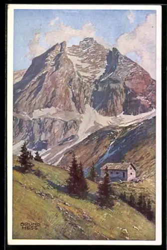 Künstler-AK Bruno Hess: Preintalerhütte, Panorama mit Waldhorn-Nordgipfel