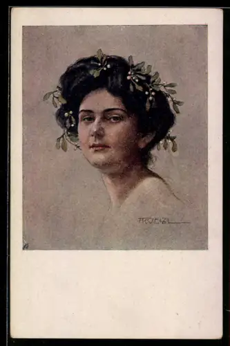 AK Deutscher Schulverein NR. 1294: T. Welzl: Winter, Portrait eines Mädchens mit Misteln im Haar