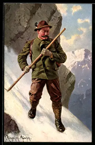 Künstler-AK sign. J. Ringeilen: Bergsteiger bei Abstieg
