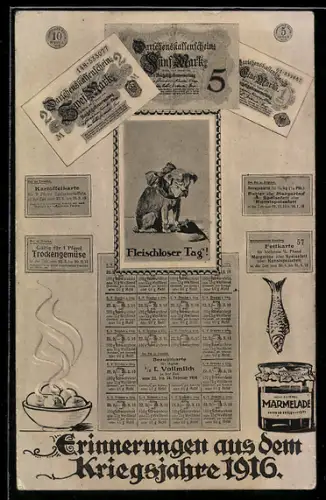 AK Erinnerungen aus dem Kriegsjahre 1916, Darlehenskassenscheine und Bezugskarten
